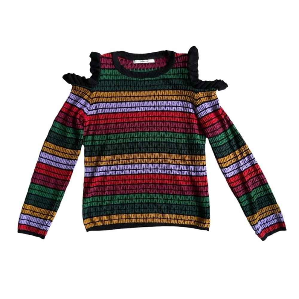 Uterque Knit Striped Open Shoulder Multicolor Sweater Round Neck S Long Sleeve